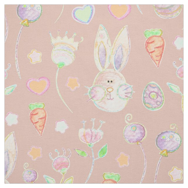 Cute Easter Bunny and Flowers Watercolor Pattern Fabric (Swatch)