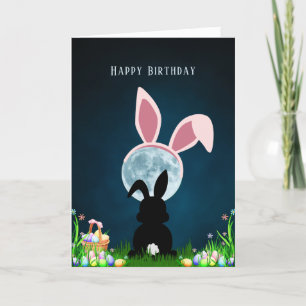 Cute Easter Bunny and Full Moon Happy Birthday Card