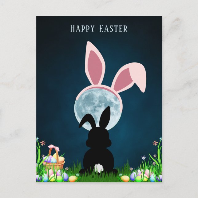 Cute Easter Bunny and Full Moon Happy Easter Postcard (Front)
