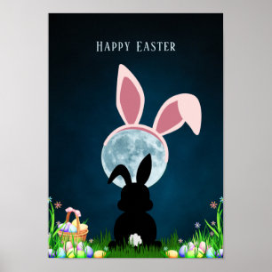 Cute Easter Bunny and Full Moon Happy Easter Poster