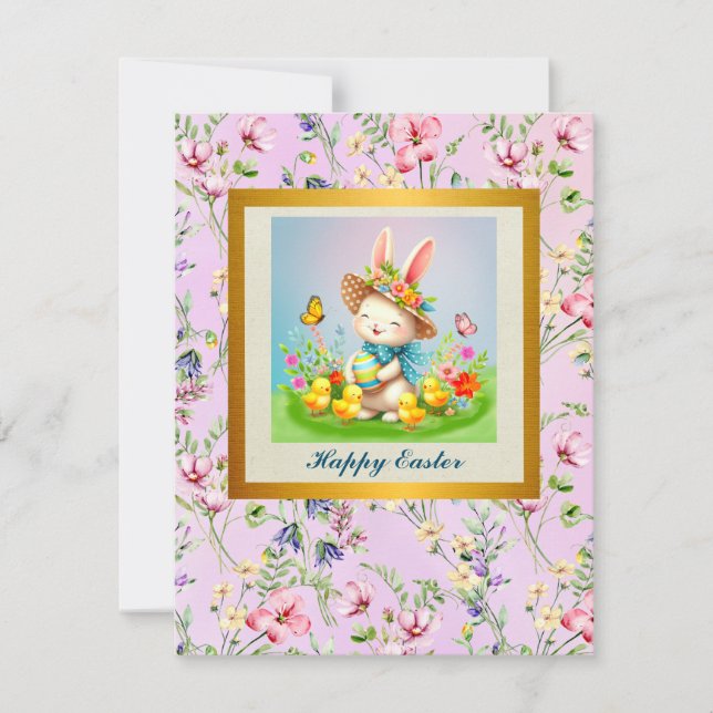 Cute Easter Bunny and Happy Spring Flowers Holiday (Front)