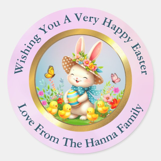 Cute Easter Bunny and Happy Spring Flowers Holiday Classic Round Sticker (Front)