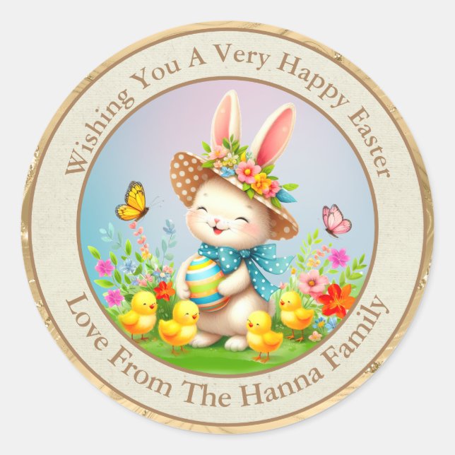 Cute Easter Bunny and Happy Spring Flowers Holiday Classic Round Sticker (Front)