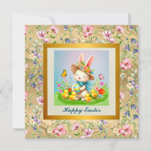 Cute Easter Bunny and Happy Spring Flowers Holiday Invitation