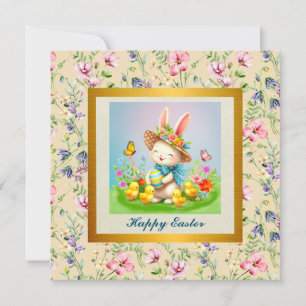 Cute Easter Bunny and Happy Spring Flowers Holiday Invitation