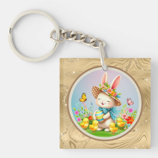 Cute Easter Bunny and Happy Spring Flowers Holiday Key Ring (Front)