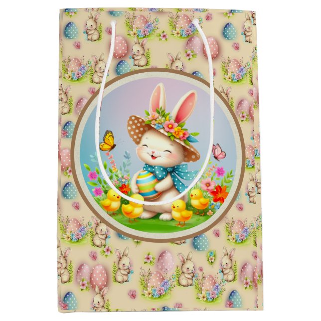 Cute Easter Bunny and Happy Spring Flowers Holiday Medium Gift Bag (Front)