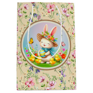 Cute Easter Bunny and Happy Spring Flowers Holiday Medium Gift Bag