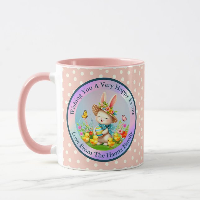 Cute Easter Bunny and Happy Spring Flowers Holiday Mug (Left)