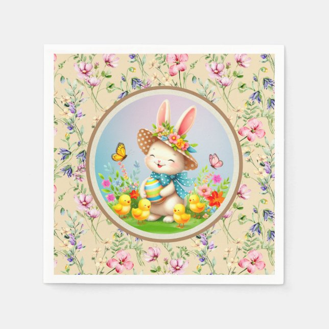 Cute Easter Bunny and Happy Spring Flowers Holiday Napkin (Front)
