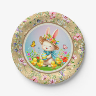 Cute Easter Bunny and Happy Spring Flowers Holiday Paper Plate