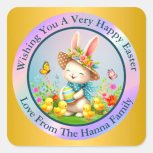 Cute Easter Bunny and Happy Spring Flowers Holiday Square Sticker