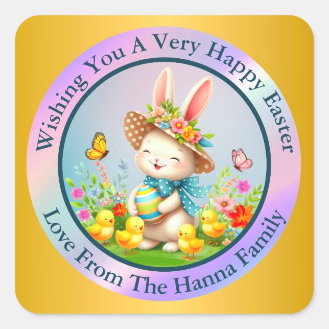 Cute Easter Bunny and Happy Spring Flowers Holiday Square Sticker (Front)