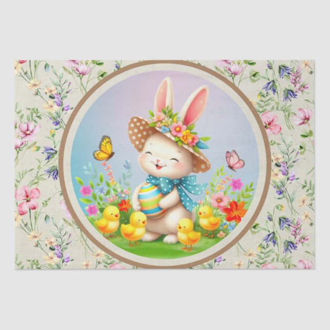 Cute Easter Bunny and Happy Spring Flowers Holiday Tissue Paper (Front)