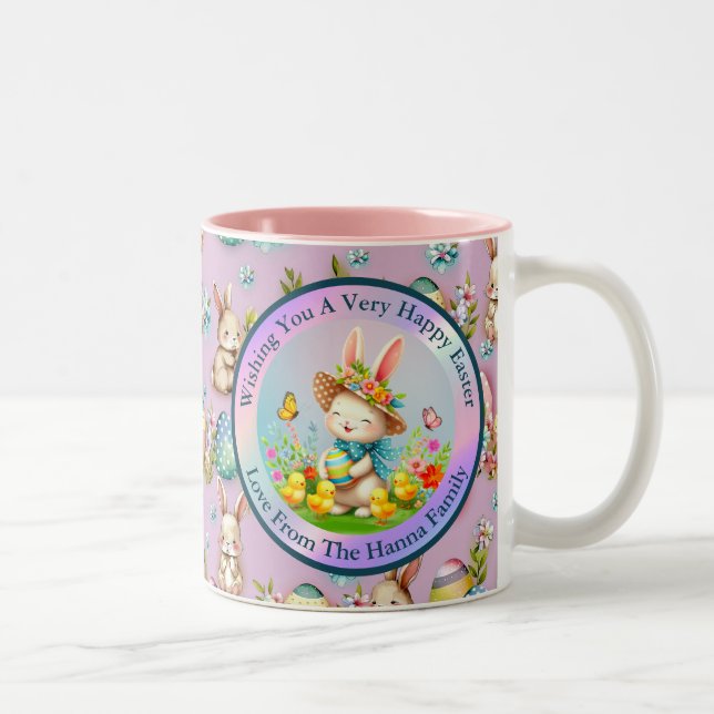 Cute Easter Bunny and Happy Spring Flowers Holiday Two-Tone Coffee Mug (Right)