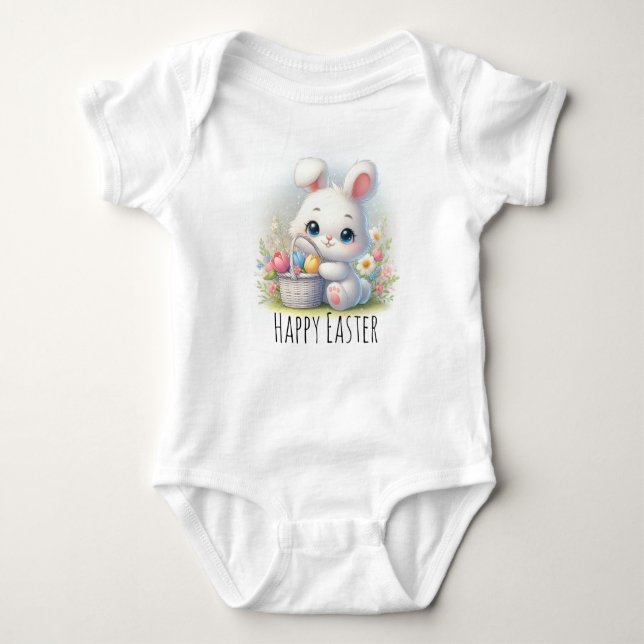 Cute Easter Bunny and Spring Flowers Baby Bodysuit (Front)