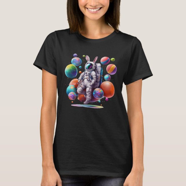 Cute Easter Bunny Astronaut with Space Egg Planets T-Shirt (Front)