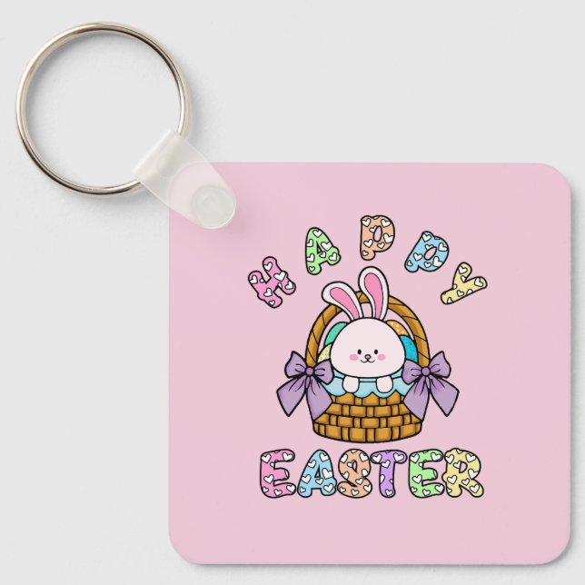 Cute Easter Bunny Basket with Eggs Keychain (Front)