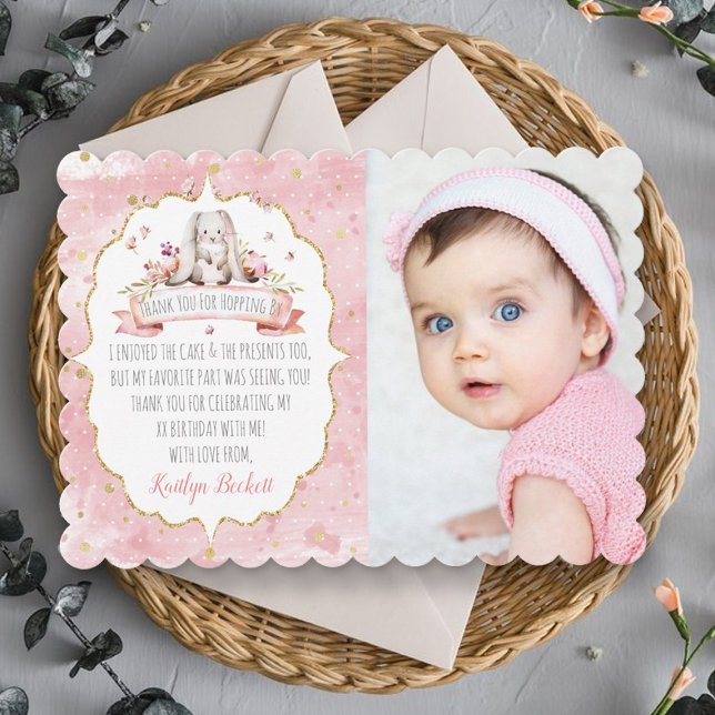 Cute Easter Bunny Birthday Photo Thank You Card (Creator Uploaded)