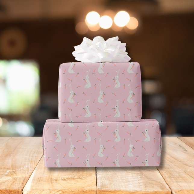 Cute Easter bunny & carrot pattern on pastel pink Wrapping Paper (Creator Uploaded)