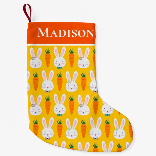 Cute Easter Bunny Carrot Pattern Personalised Name Small Christmas Stocking (Front)
