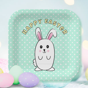 Cute Easter Bunny Cartoon Mint Yellow Pink Funny  Paper Plate