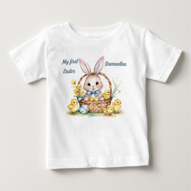 Cute Easter Bunny & Chicks. First Easter. Editable Baby T-Shirt (Front)