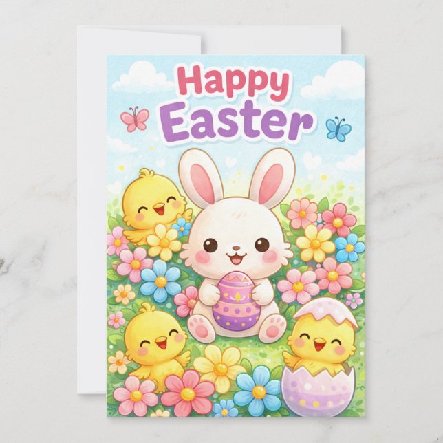 Cute Easter Bunny & Chicks | Happy Easter Holiday Card (Front)