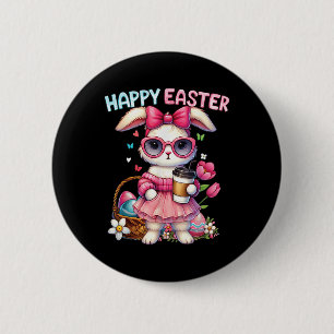 Cute Easter Bunny Drinking Ice Coffee Easter Bow W 6 Cm Round Badge