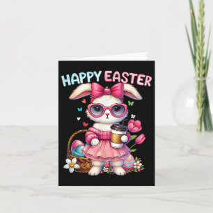 Cute Easter Bunny Drinking Ice Coffee Easter Bow W Card