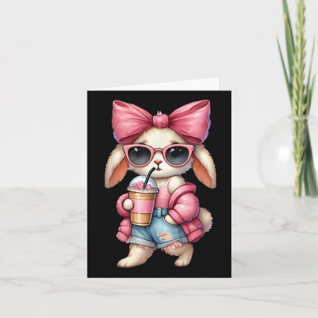 Cute Easter Bunny Drinking Ice Coffee Easter Bow W Card (Front)