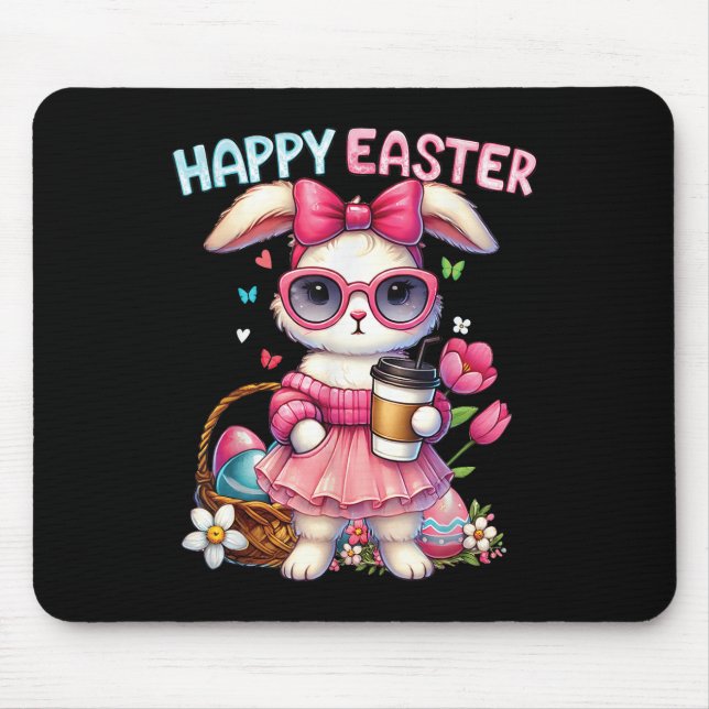 Cute Easter Bunny Drinking Ice Coffee Easter Bow W Mouse Pad (Front)