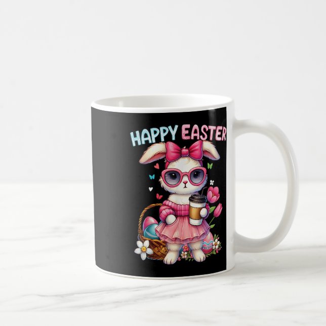 Cute Easter Bunny Drinking Ice Coffee Easter Bow W Mug (Right)