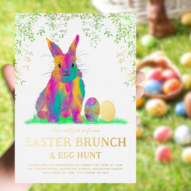 Cute Easter Bunny Egg Hunt and Brunch Pink (Easter brunch and egg hunt colorful Easter bunny gold foil invitation )
