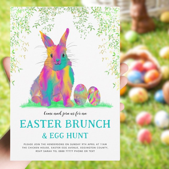 Cute Easter Bunny Egg Hunt and Brunch Teal Invitation (Easter brunch and egg hunt cute colorful Easter bunny invitation)