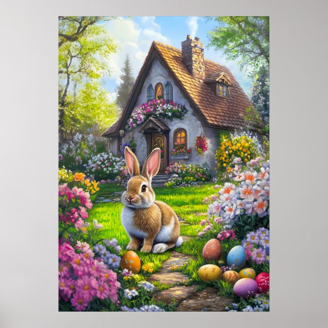 Cute Easter Bunny Egg Hunt Painting Poster (Front)