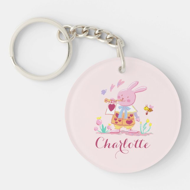 Cute Easter Bunny Egg Pattern Pink Photo Key Ring (Front)