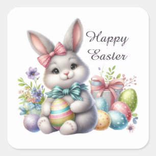Cute Easter bunny eggs add text Square Sticker