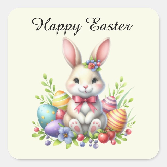 Cute Easter bunny eggs add text  Square Sticker (Front)