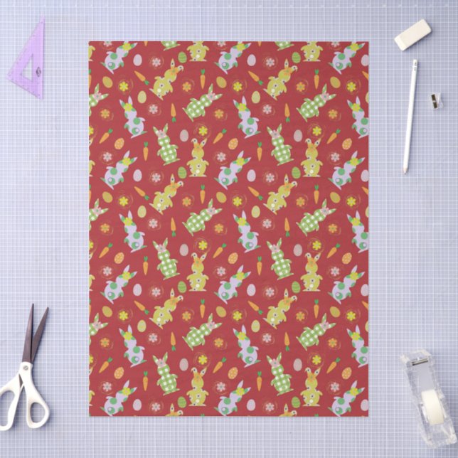 Cute Easter Bunny Eggs & Carrots Pattern on Red Tissue Paper (Craft)