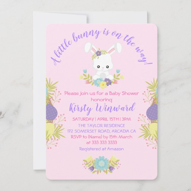 Cute Easter Bunny Eggs Flowers Baby Shower Party Invitation (Front)