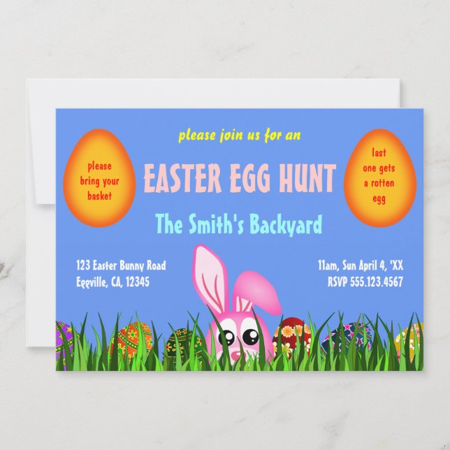 Cute Easter Bunny & Eggs in Grass Egg Hunt Invites (Front)