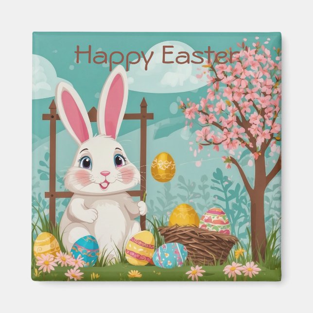 Cute Easter Bunny Eggs Spring Floral Illustration Magnet (Front)