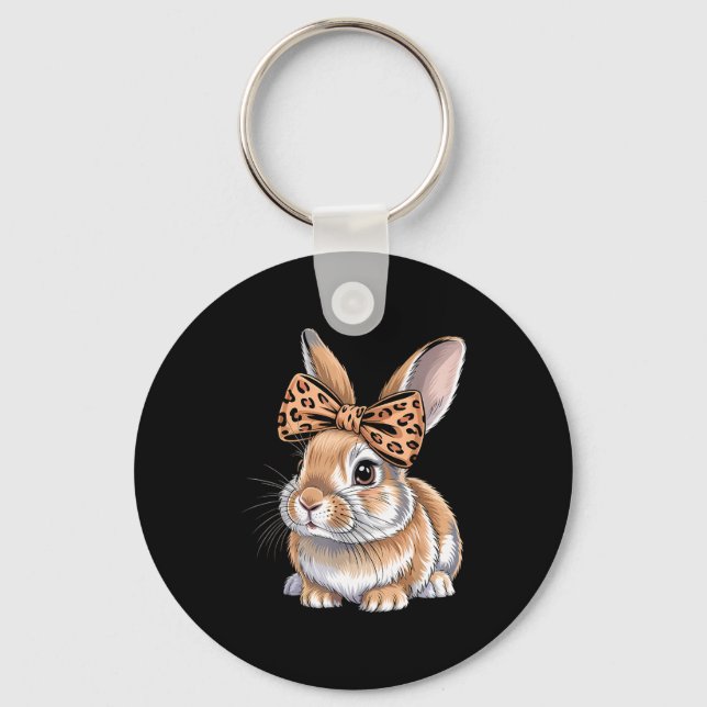 Cute easter bunny face bow leopard rabbit women key ring (Front)