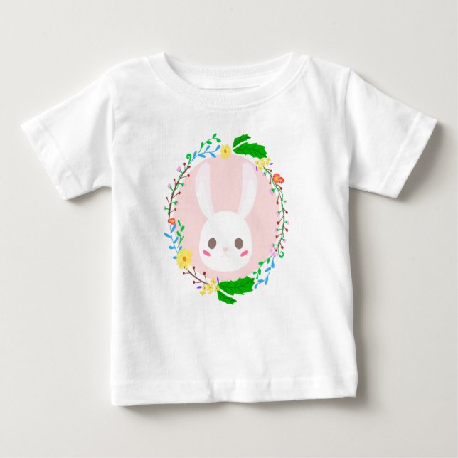 Cute Easter Bunny Face Flower Wreath Baby T-Shirt (Front)