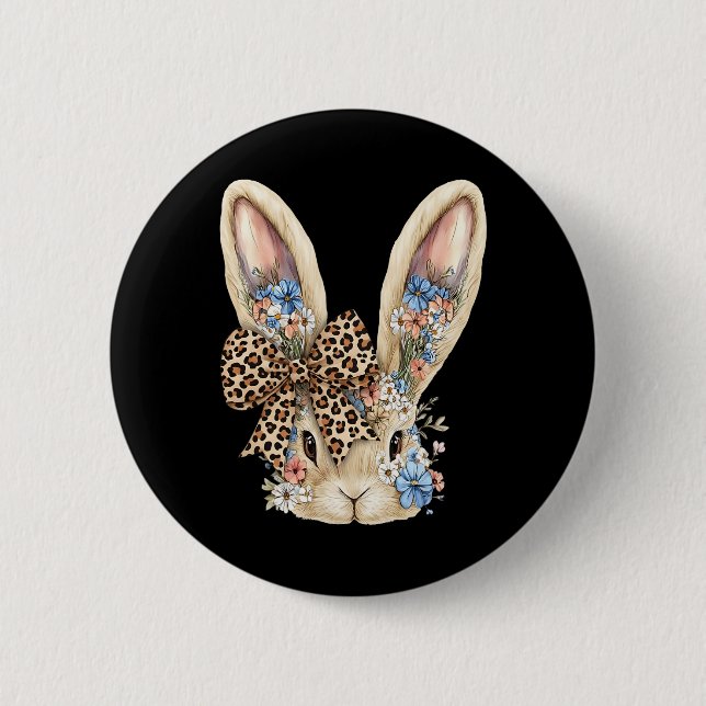 Cute Easter Bunny Face Leopard Bow Floral Rabbit F 6 Cm Round Badge (Front)