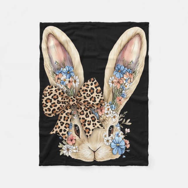 Cute Easter Bunny Face Leopard Bow Floral Rabbit F Fleece Blanket (Front)