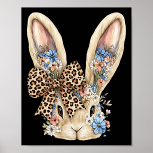 Cute Easter Bunny Face Leopard Bow Floral Rabbit F Poster