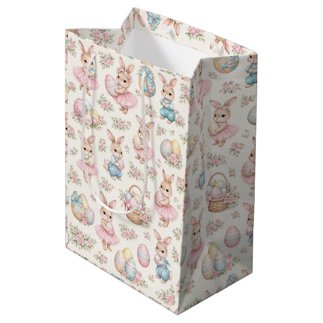 Cute Easter Bunny Floral Pattern - Pastel Spring Medium Gift Bag (Back Angled)