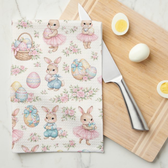 Cute Easter Bunny Floral Pattern - Pastel Spring  Tea Towel (Quarter Fold)
